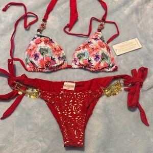 Vibrant Red Bikini with Gold Chain Detail